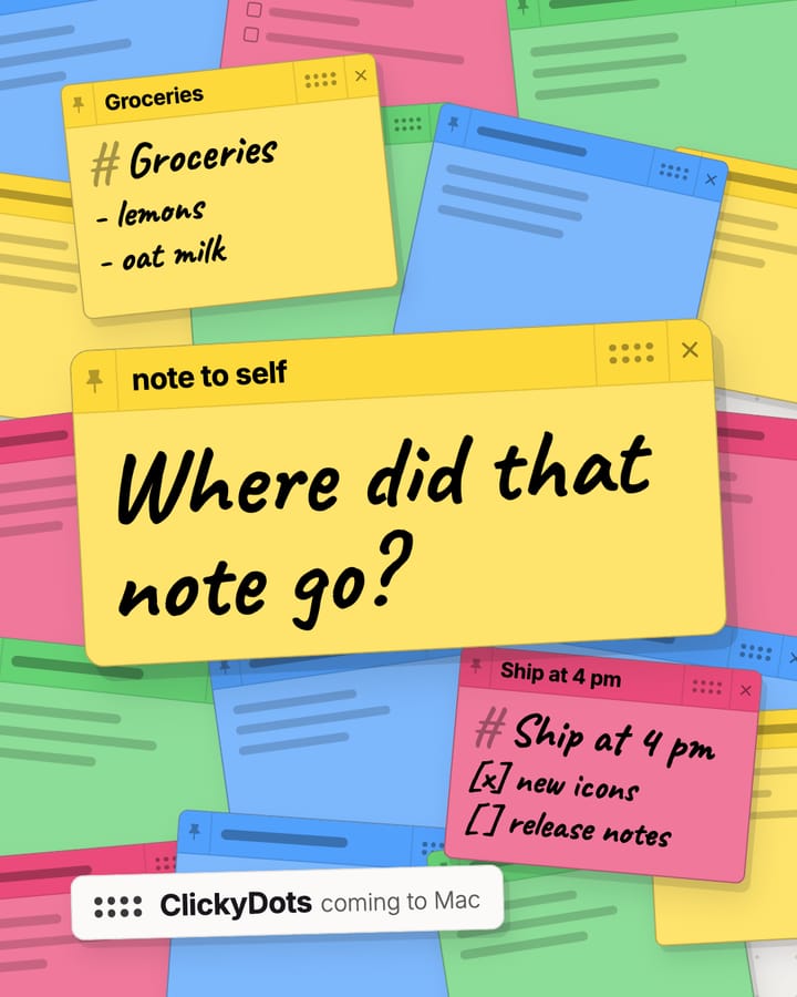 Concept slide 1 of 6 for ClickyDots: a desk buried in sticky notes, and one on top that asks, Where did that note go?