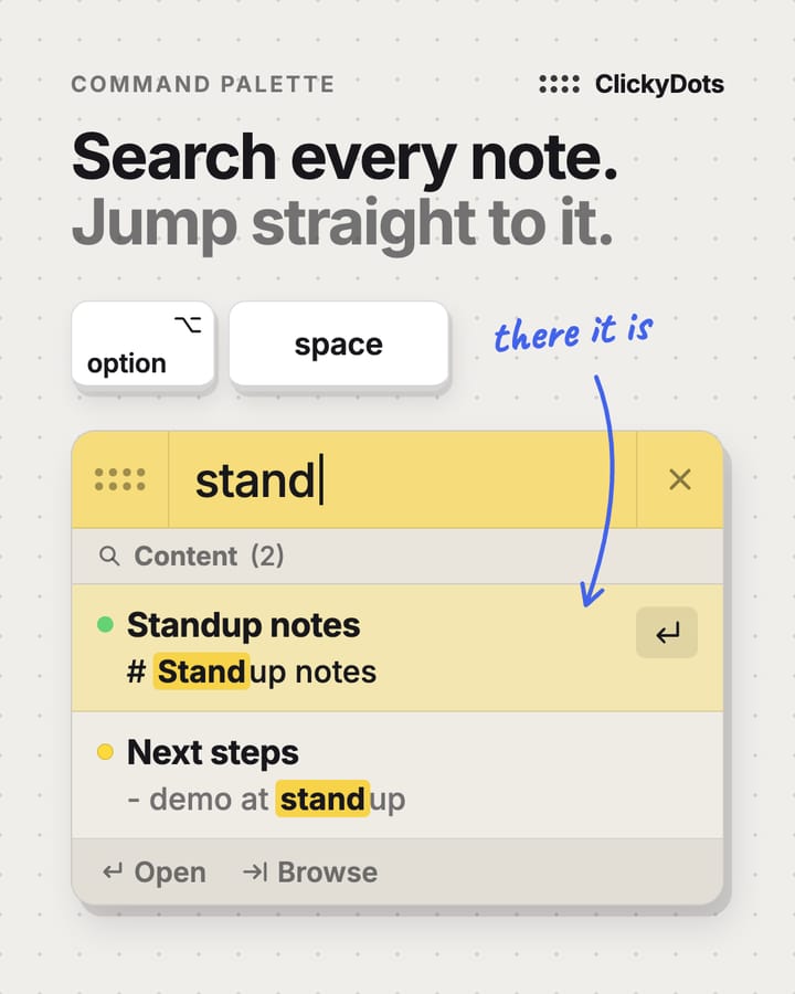 Concept slide 2 of 6: Search every note. Jump straight to it. Option and Space open a palette that finds the lost note.