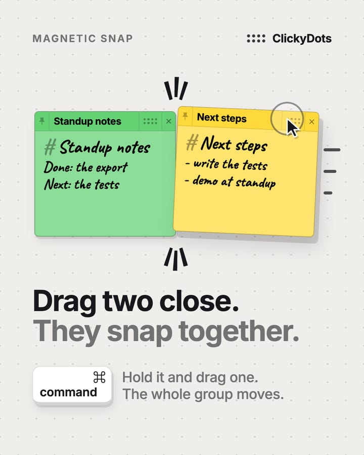 Concept slide 4 of 6: Drag two close. They snap together. Hold Command and drag one, and the whole group moves.