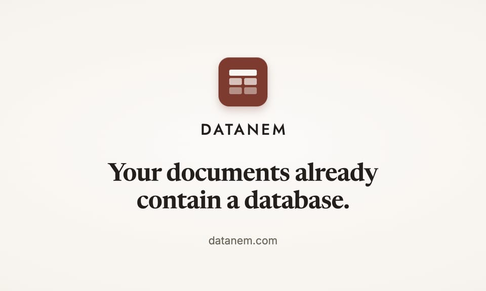 Concept Product Hunt gallery image 1 of 5 for Datanem: the Datanem mark and the line, Your documents already contain a database.