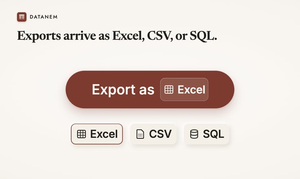 Concept gallery image 5 of 5: Exports arrive as Excel, CSV, or SQL, with an Export as Excel button.