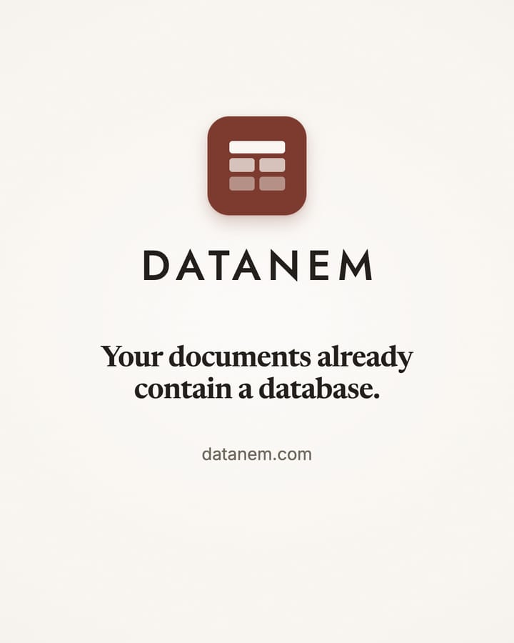 Concept social still 3 of 3: the Datanem mark and the line, Your documents already contain a database.