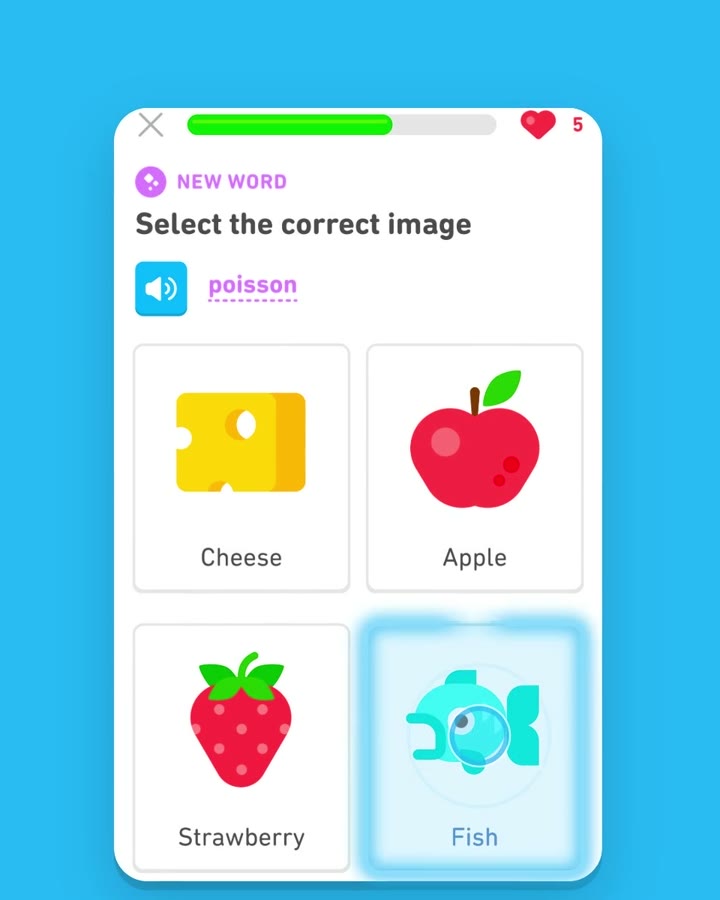 A word: the tap lands on the fish, poisson, a close crop from Duolingo, your turn