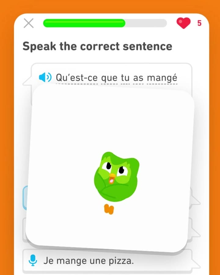Said out loud: their own owl celebrates, a close crop from Duolingo, your turn