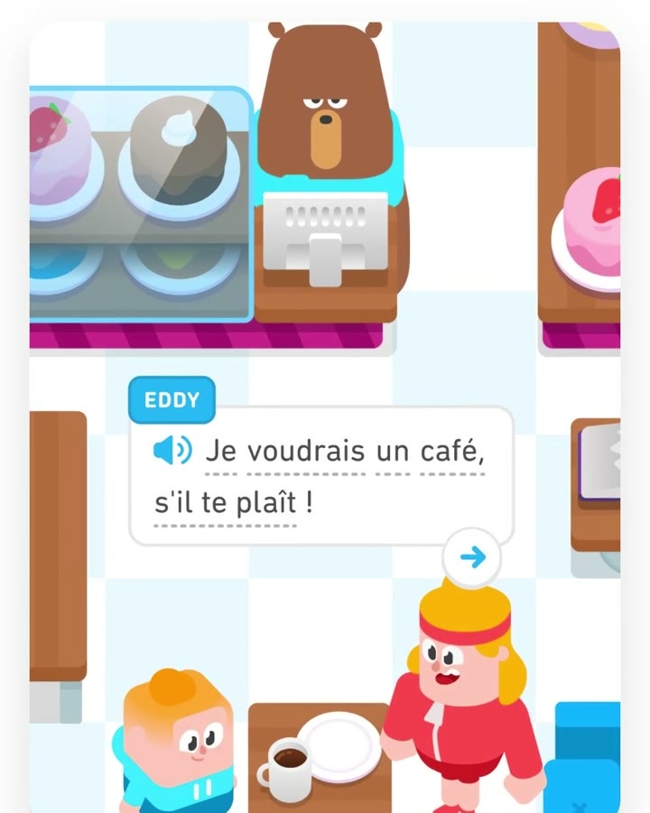 The same counter, and the order comes out, a close crop from Duolingo, your turn
