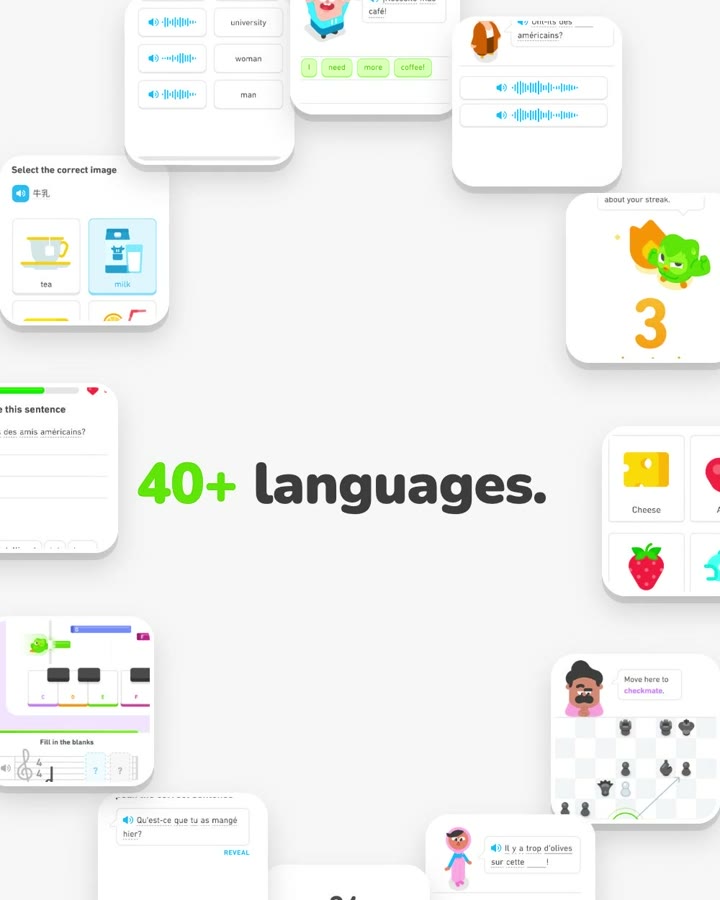 Every screen in a ring around 40+ languages, a close crop from Duolingo, your turn