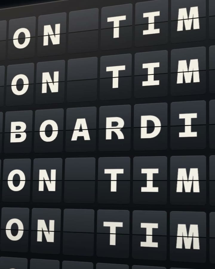 The departure board, every flight ON TIME, a close crop from Flighty, first to know